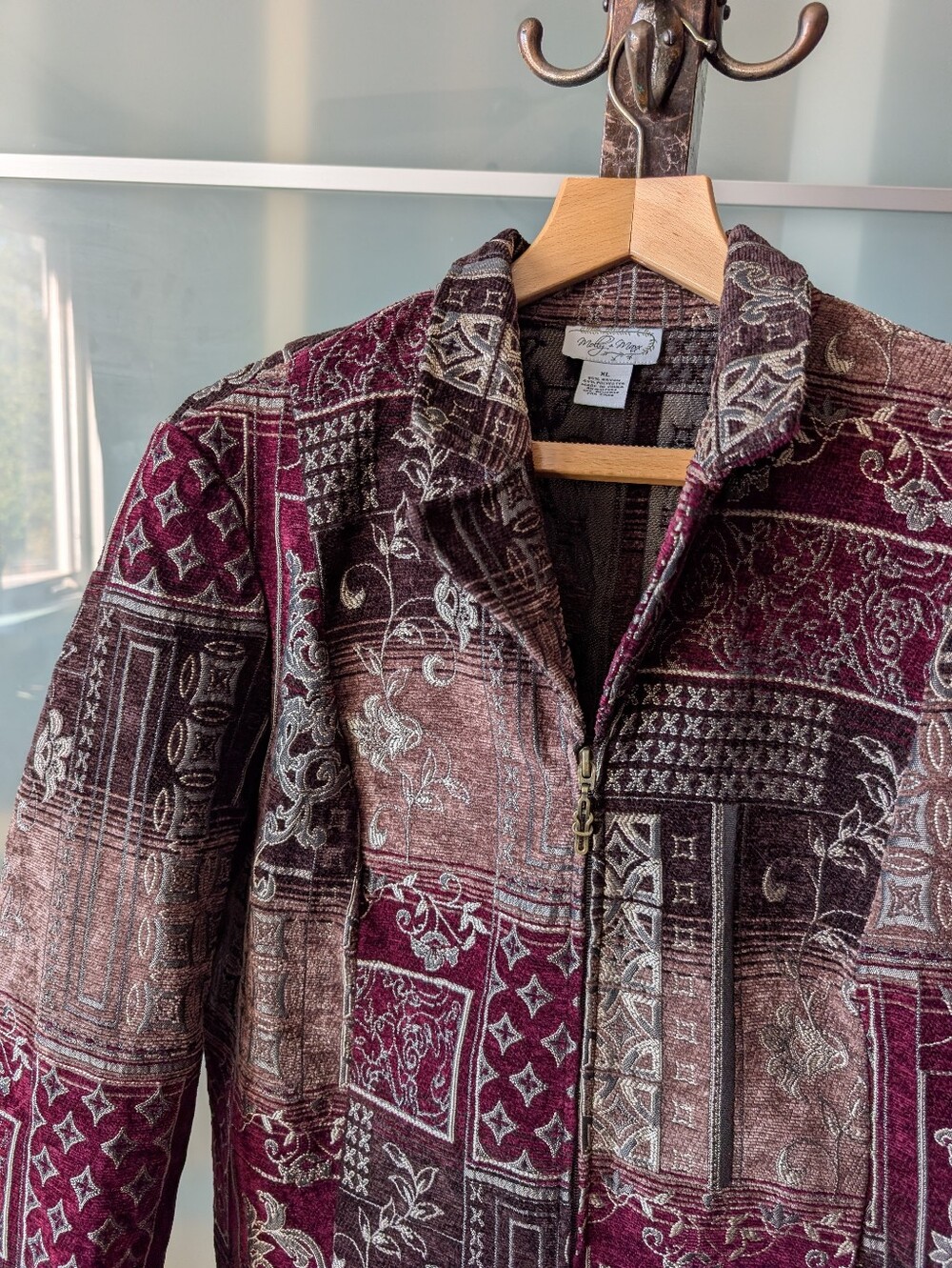 Vintage-Inspired Patchwork Velvet Jacket - Burgundy Multi - XL - Picture 7 of 12